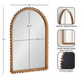 Arched wood-framed wall mirror with a natural rustic finish and rounded bead detailing along its stepped edge, includes D-ring hangers on the back for mounting.