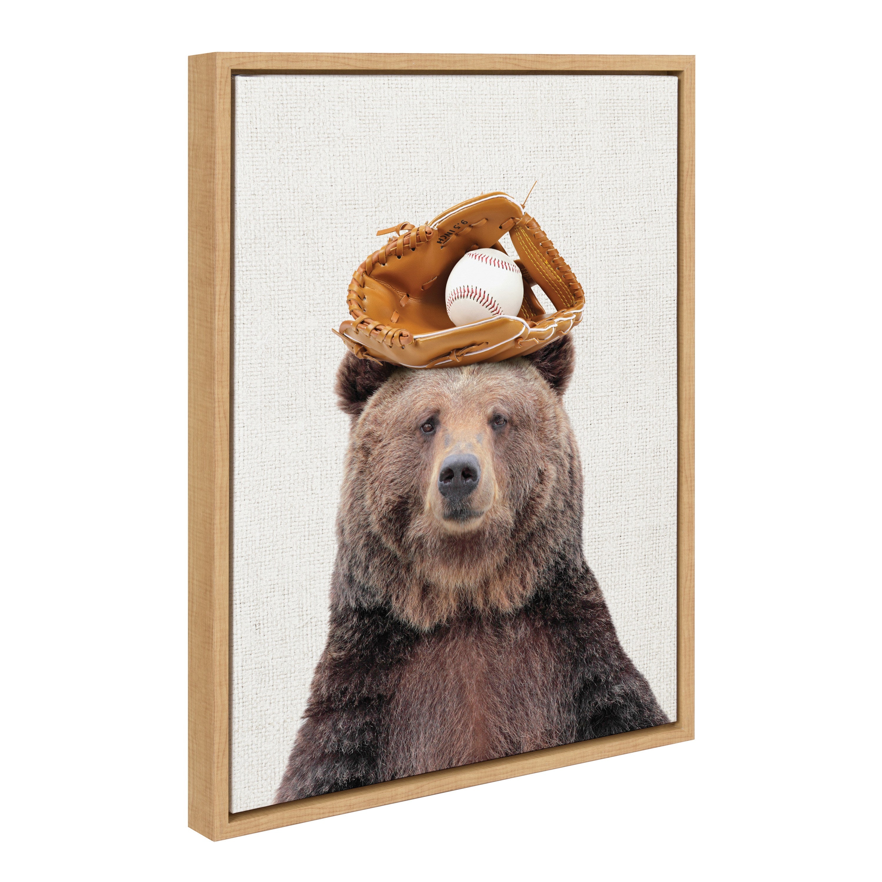 Sylvie Brown Bear Baseball framed canvas art showing a brown bear wearing a red baseball jersey and white cap