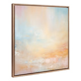Abstract pastel painting in soft blues, peaches, and pinks with a smooth, blended texture on a square canvas framed by a gold-toned beaded wooden frame.