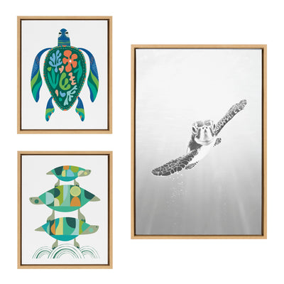 Three framed canvas prints featuring sea turtle motifs displayed together