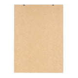 Rectangular brown cardboard backing of a framed canvas with two black hanging clips at the top edge and evenly spaced staples along the edges.