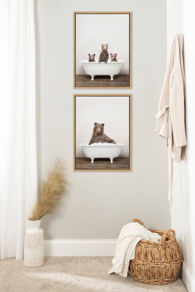 Sylvie Bear Rustic Bubble Bath Framed Canvas