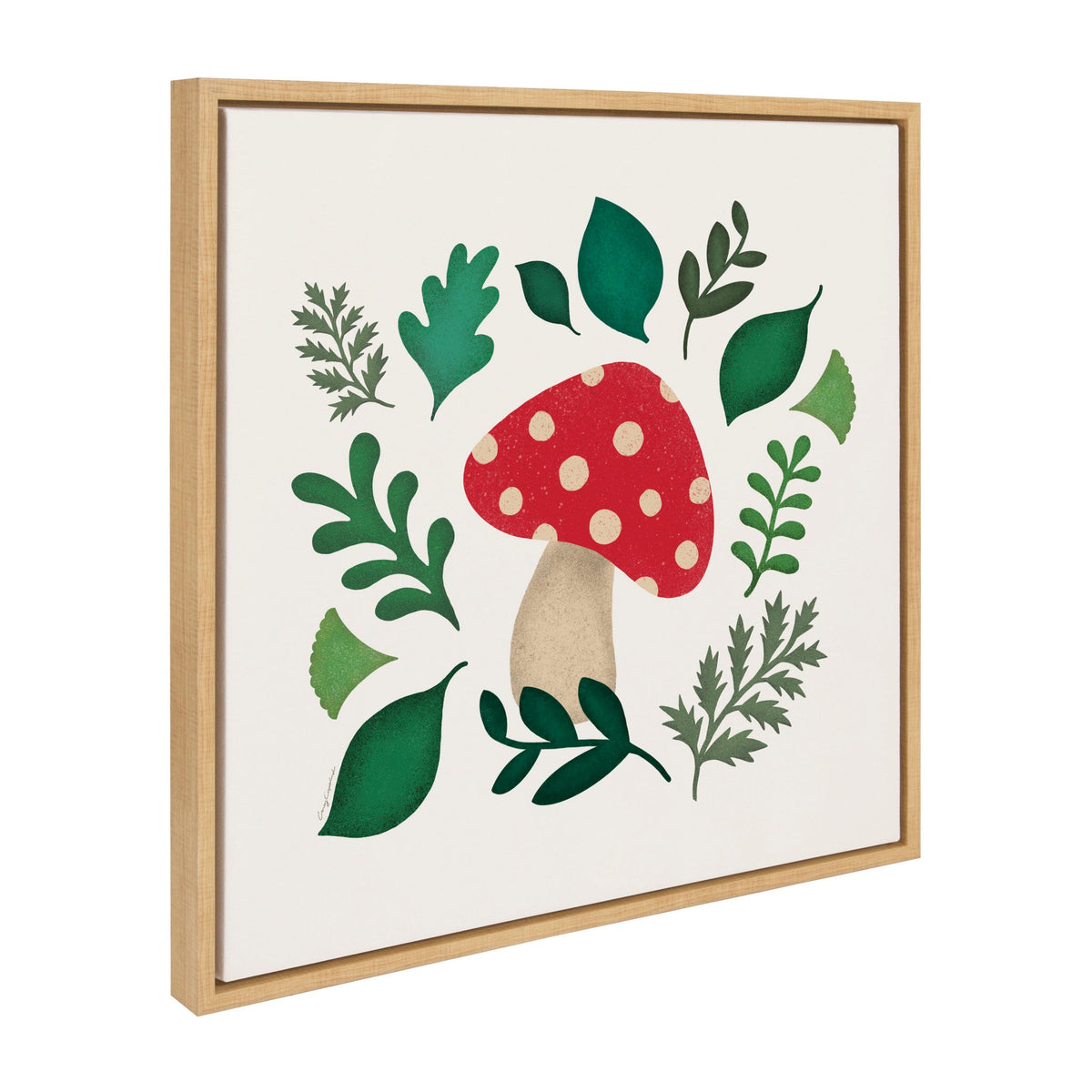 Framed canvas artwork showing colorful red mushrooms and surrounding plants
