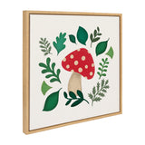 Framed canvas displaying a red mushroom with white spots surrounded by various green leaves on a cream background, angled to show natural wood frame edges.