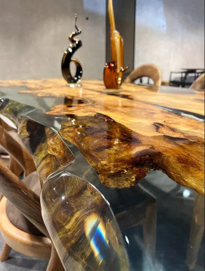 Solid linden wood dining table with natural epoxy resin finish and customizable wooden legs
