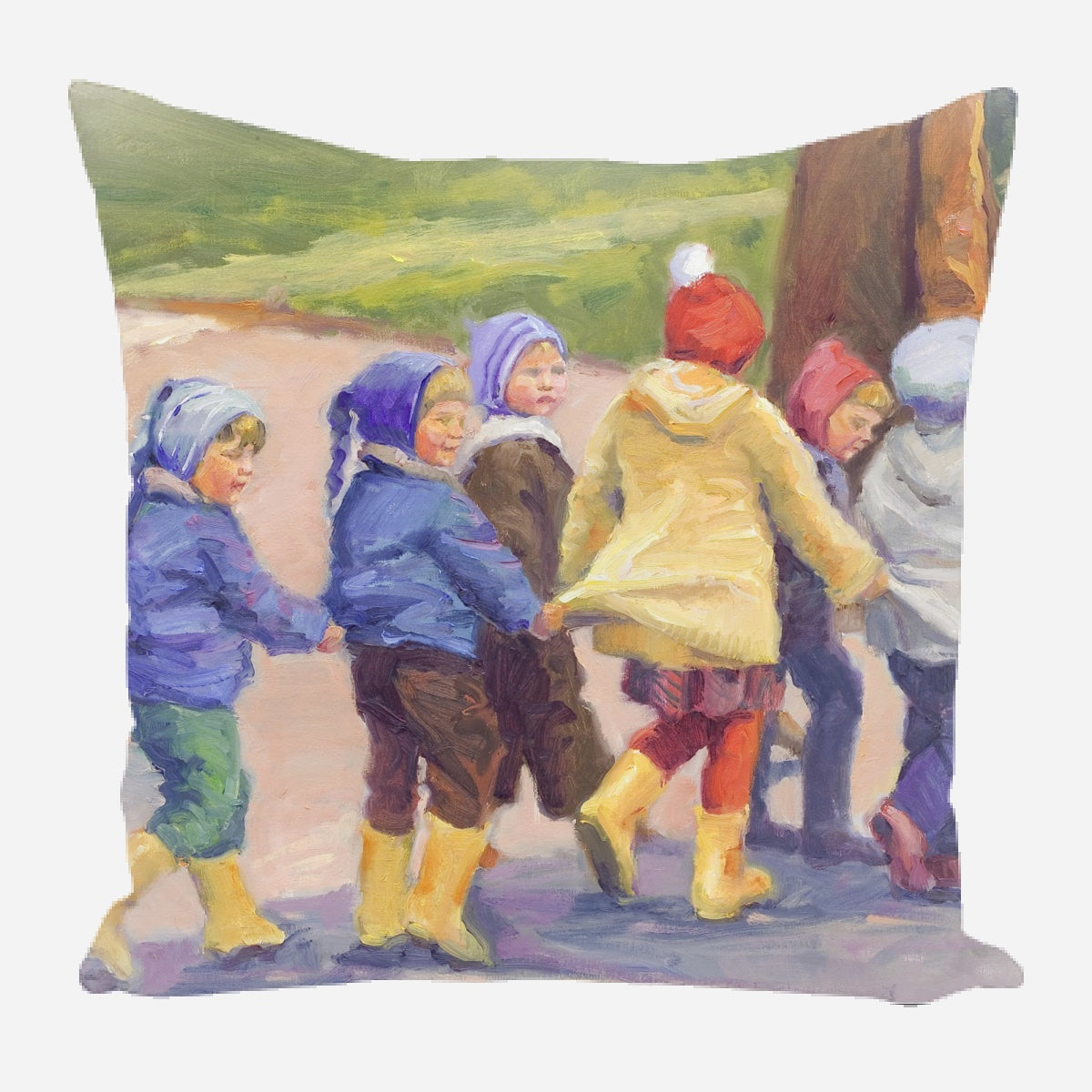 Illustration of six children holding hands and walking, wearing colorful jackets and yellow rain boots, with a tree and green background.