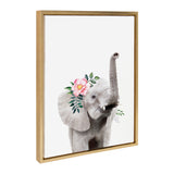 Sylvie Flower Crown Elephant framed canvas art hanging on a white wall