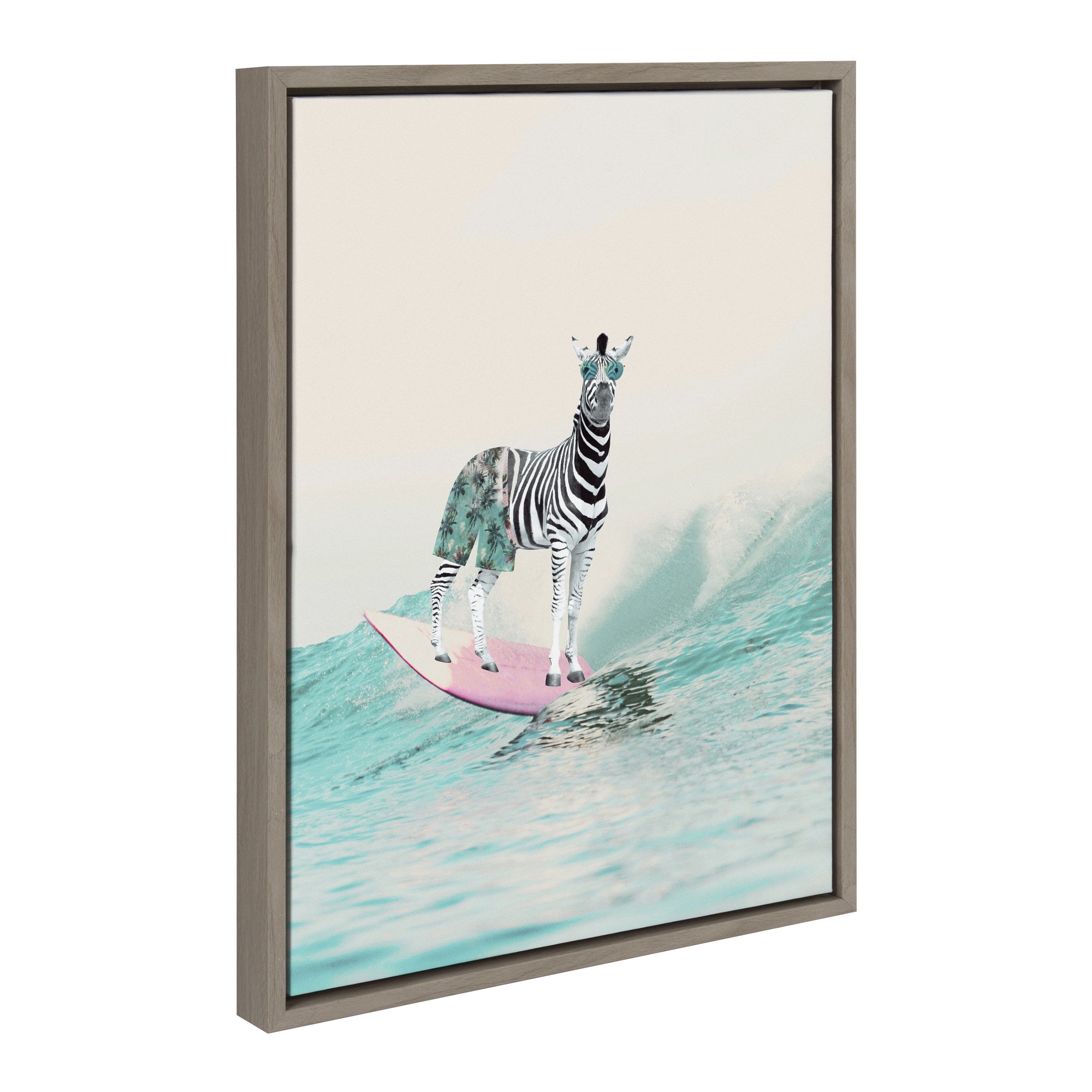 Sylvie Zebra Surfer framed canvas wall art showing a zebra surfing on a wave
