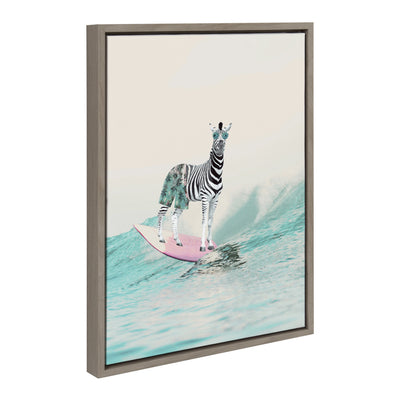 Sylvie Zebra Surfer framed canvas wall art showing a zebra surfing on a wave