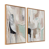 Abstract canvas art set featuring soft beige, muted green, and black brushstrokes with delicate linear details, each framed in light wood and displayed side by side.