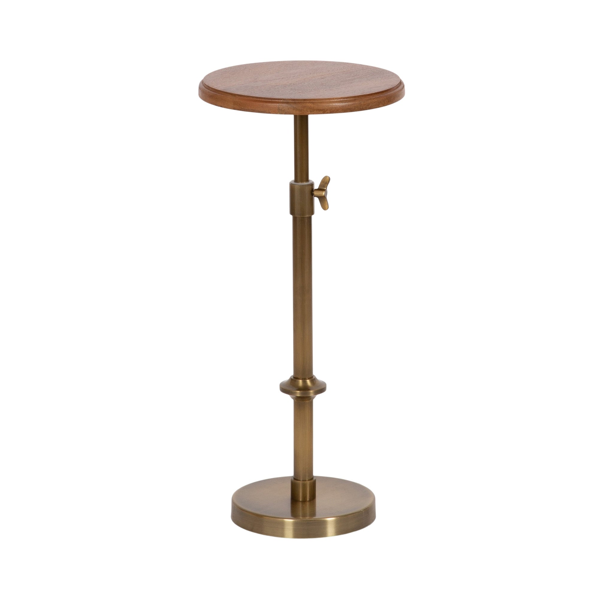Engles Adjustable Wood Table and Plant Stand showing round decorative tabletop and adjustable base