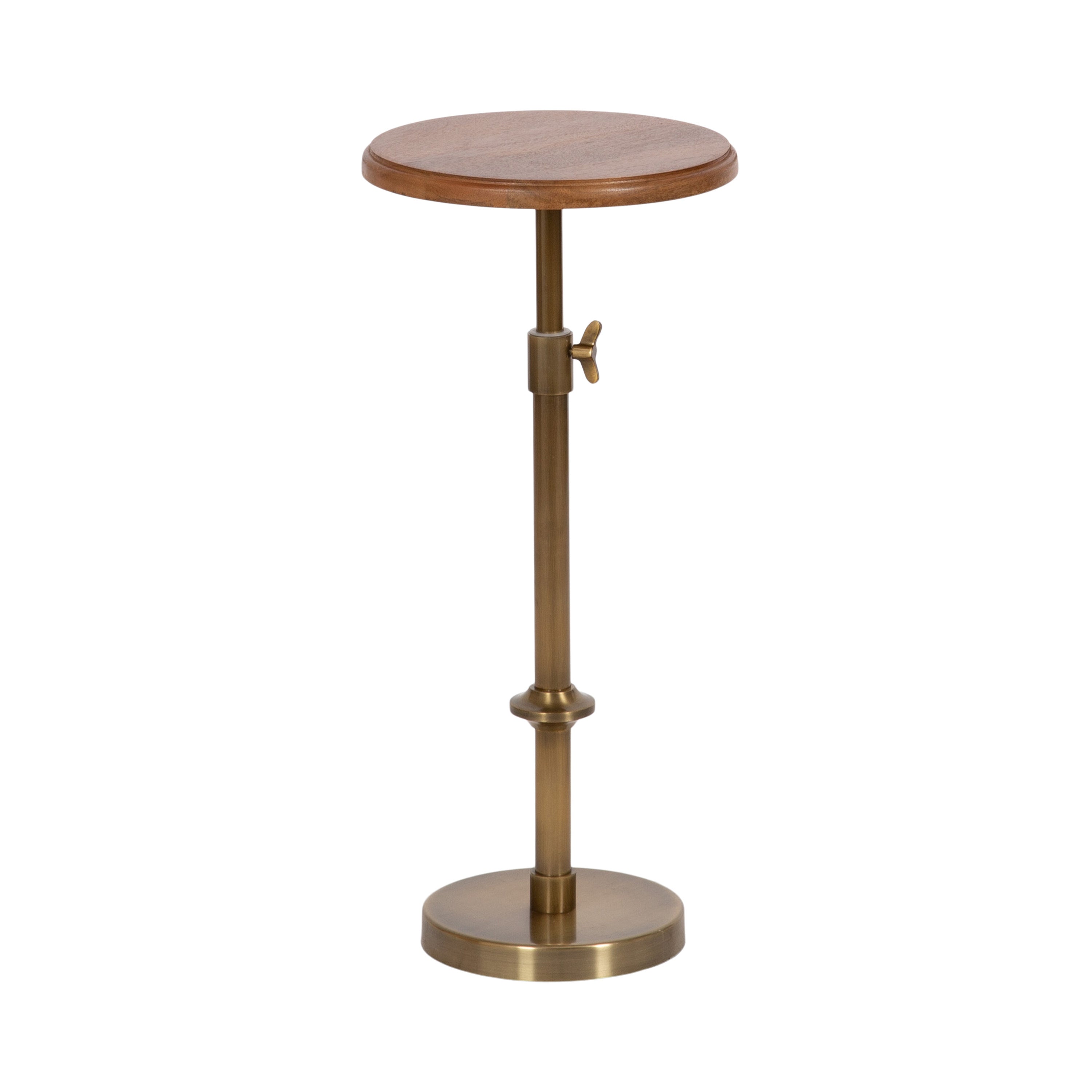 Engles Adjustable Wood Table and Plant Stand showing round decorative tabletop and adjustable base