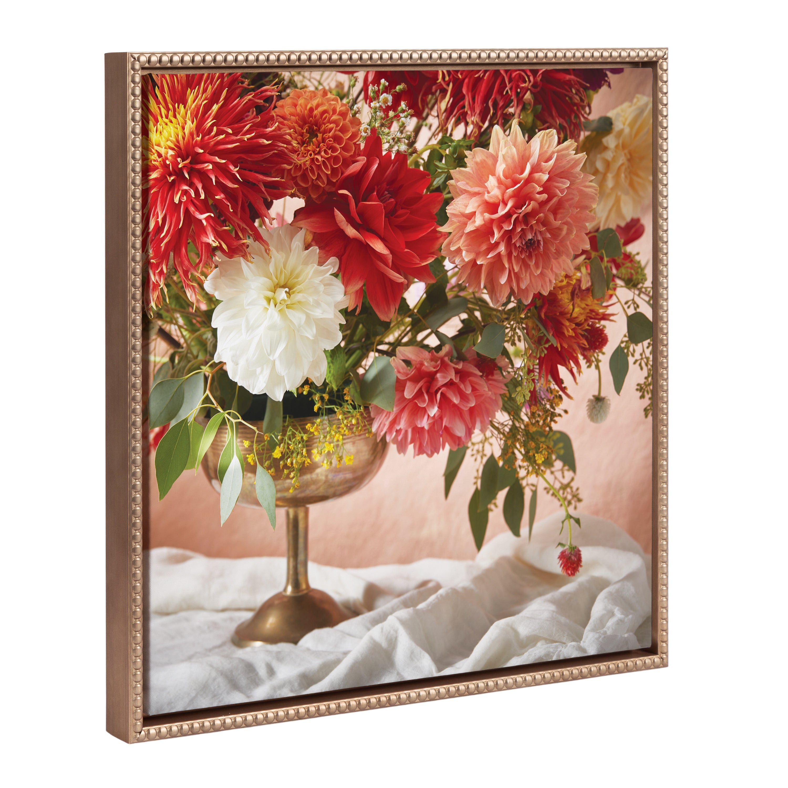 Framed canvas art showing warm rust floral study with vintage beaded frame