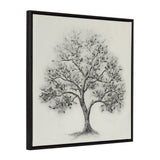 Grayscale painting of a full tree with dense leaves on textured linen canvas, framed with a simple dark bead-edged wooden frame.