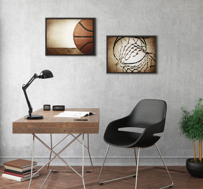 Sylvie Vintage Half Basketball and Vintage Basketball Net Framed Canvas Art Set