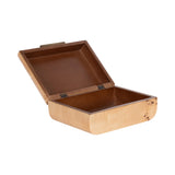Light-colored rectangular wooden box with rounded edges and a hinged lid, showing a smooth, dark brown interior surface.