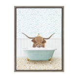Brown Highland cow with wide curved horns and a yellow duckling on its head, both in a light blue clawfoot bathtub against fish-patterned wallpaper.