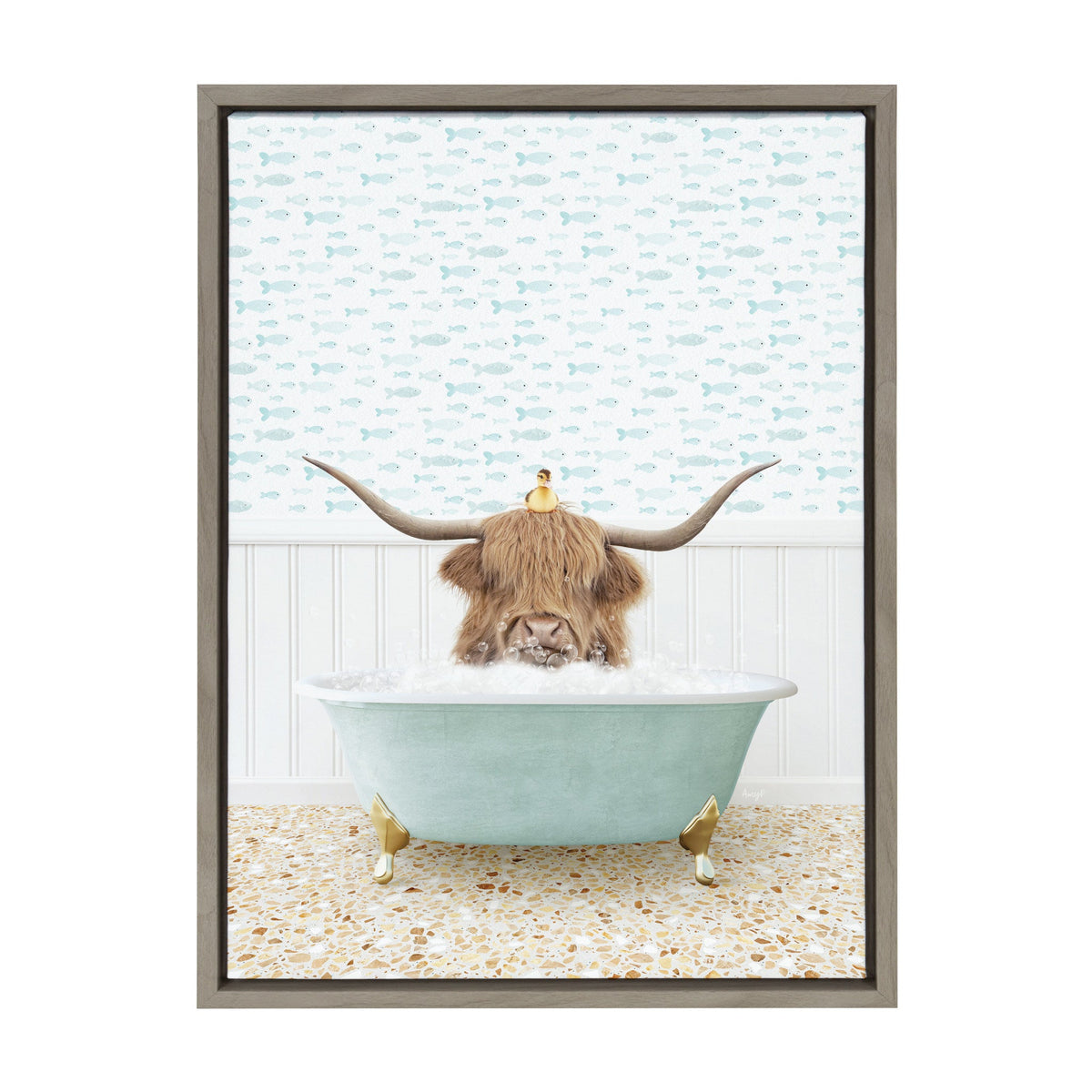 Brown Highland cow with wide curved horns and a yellow duckling on its head, both in a light blue clawfoot bathtub against fish-patterned wallpaper.