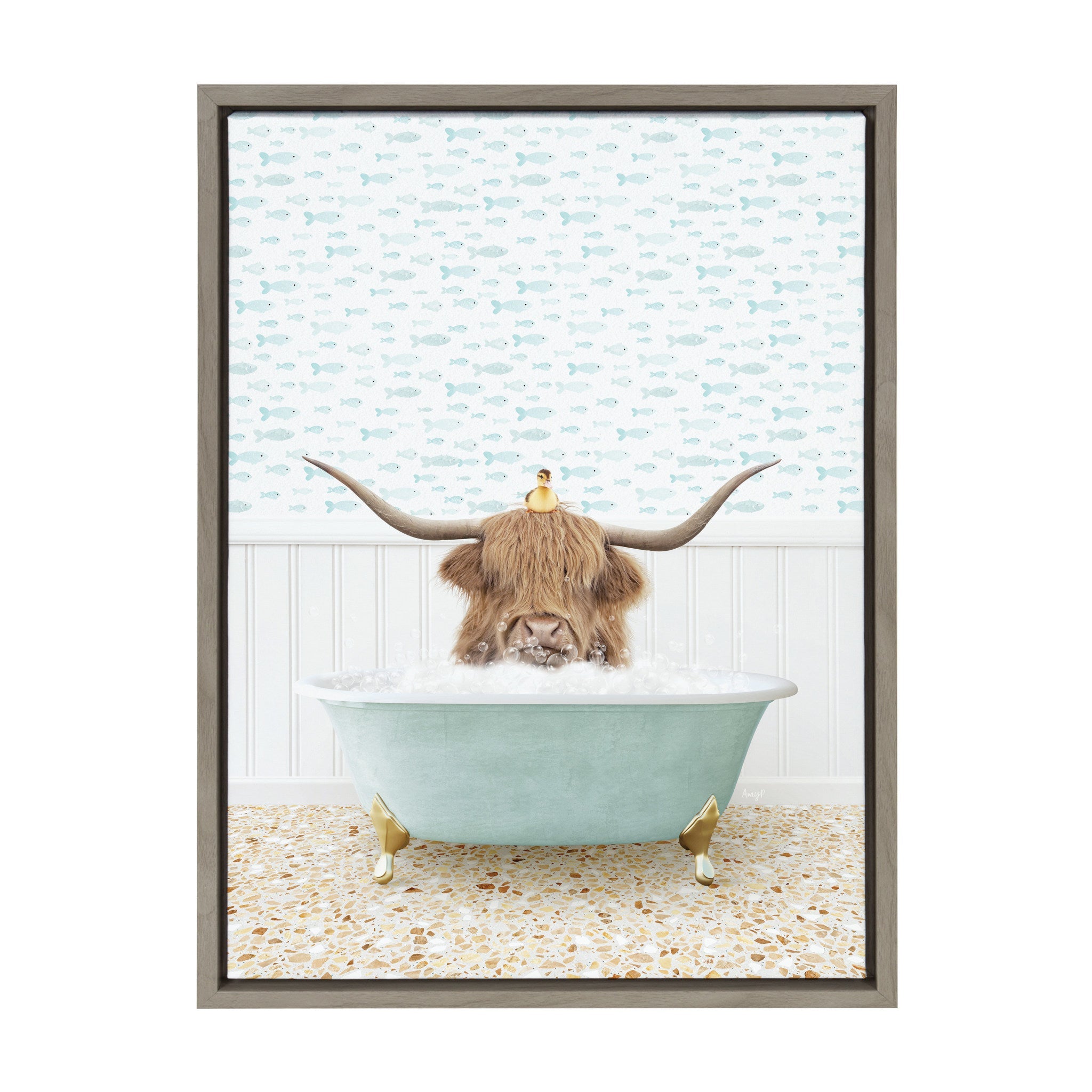 Sylvie Highland Cow and Duckling in Little Fish Bath Framed Canvas by Amy Peterson Art Studio