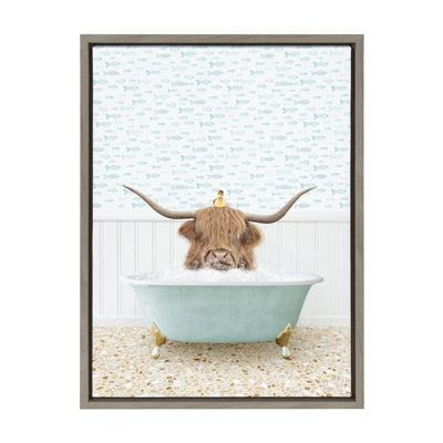 Sylvie Highland Cow and Duckling in Little Fish Bath Framed Canvas by Amy Peterson Art Studio