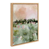 Abstract landscape painting with soft pink and beige sky, green foliage foreground, and delicate pink, blue, and yellow floral accents in a light wood frame.