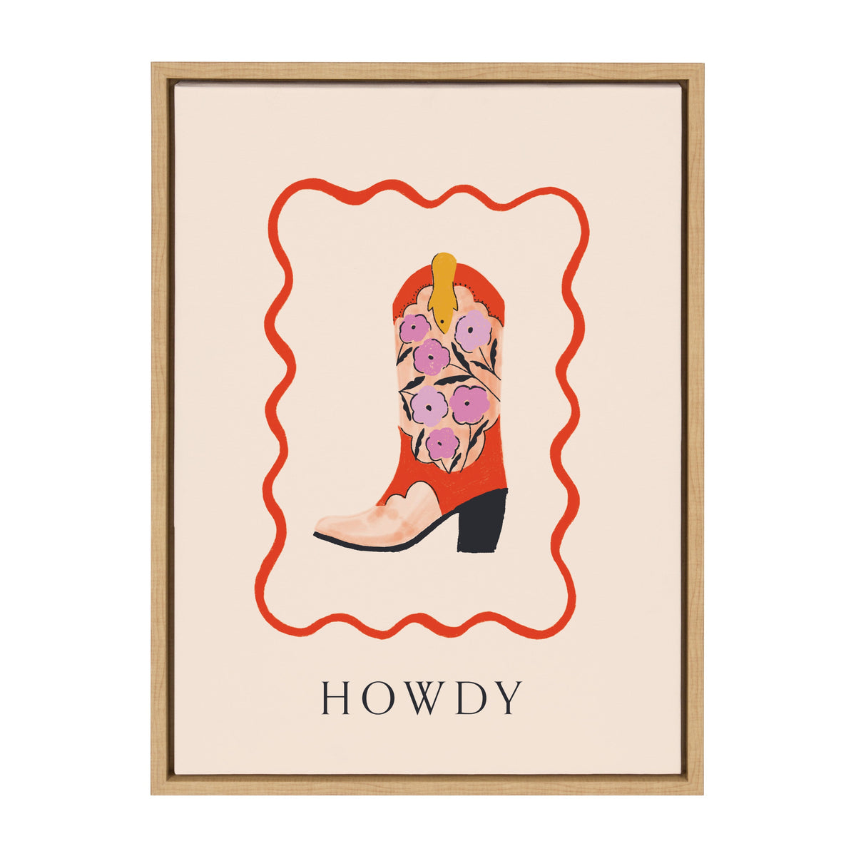 Framed canvas art depicting a red cowboy boot adorned with pink flowers and yellow detailing, enclosed by a wavy red border and labeled 'HOWDY' below.