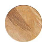 Circular wooden table top with natural light and medium brown wood grain patterns and smooth finish