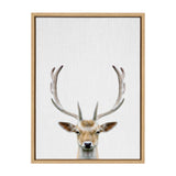 Portrait of a deer head with large antlers centered on a white background, framed in light wood with visible linen texture.