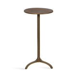 Round bronze-colored metal side table with a slim central column and three curved legs for support, shown on a white background.
