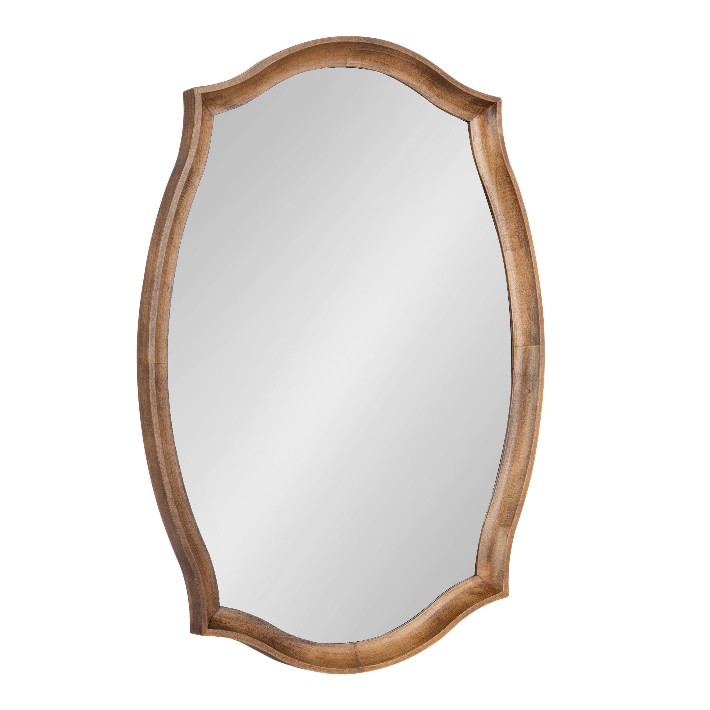 Hatherleigh Scallop Wall Mirror with scalloped oval shape and rustic brown wooden frame hanging on wall
