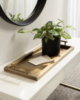 Rectangular brass tray with raised edges and handles holding a small black planter with green and pink variegated leaves, placed on a white surface under a round black mirror