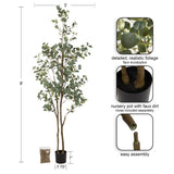 Eight-foot tall faux eucalyptus tree with detailed green leaves in a small black nursery pot shown with foliage close-up, faux dirt, and assembly detail