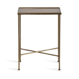 Small square side table with a hammered bronze tray top and slim bronze metal legs connected by crossbars at the base, shown on a white background.