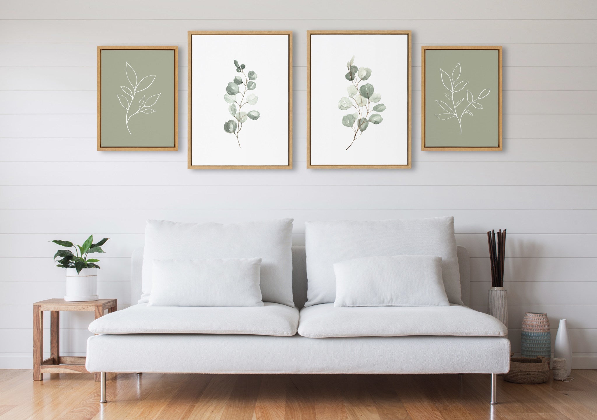 Sylvie Eucalyptus 4a, 4b & Modern Sage Green Botanical Line Sketch 4-Piece Canvas Art Set