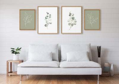 Sylvie Eucalyptus 4a, 4b & Modern Sage Green Botanical Line Sketch 4-Piece Canvas Art Set