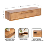 Rectangular floating console table in warm-toned solid mango wood with a single drawer, a hidden storage compartment, and secure Z-bracket mounting hardware.