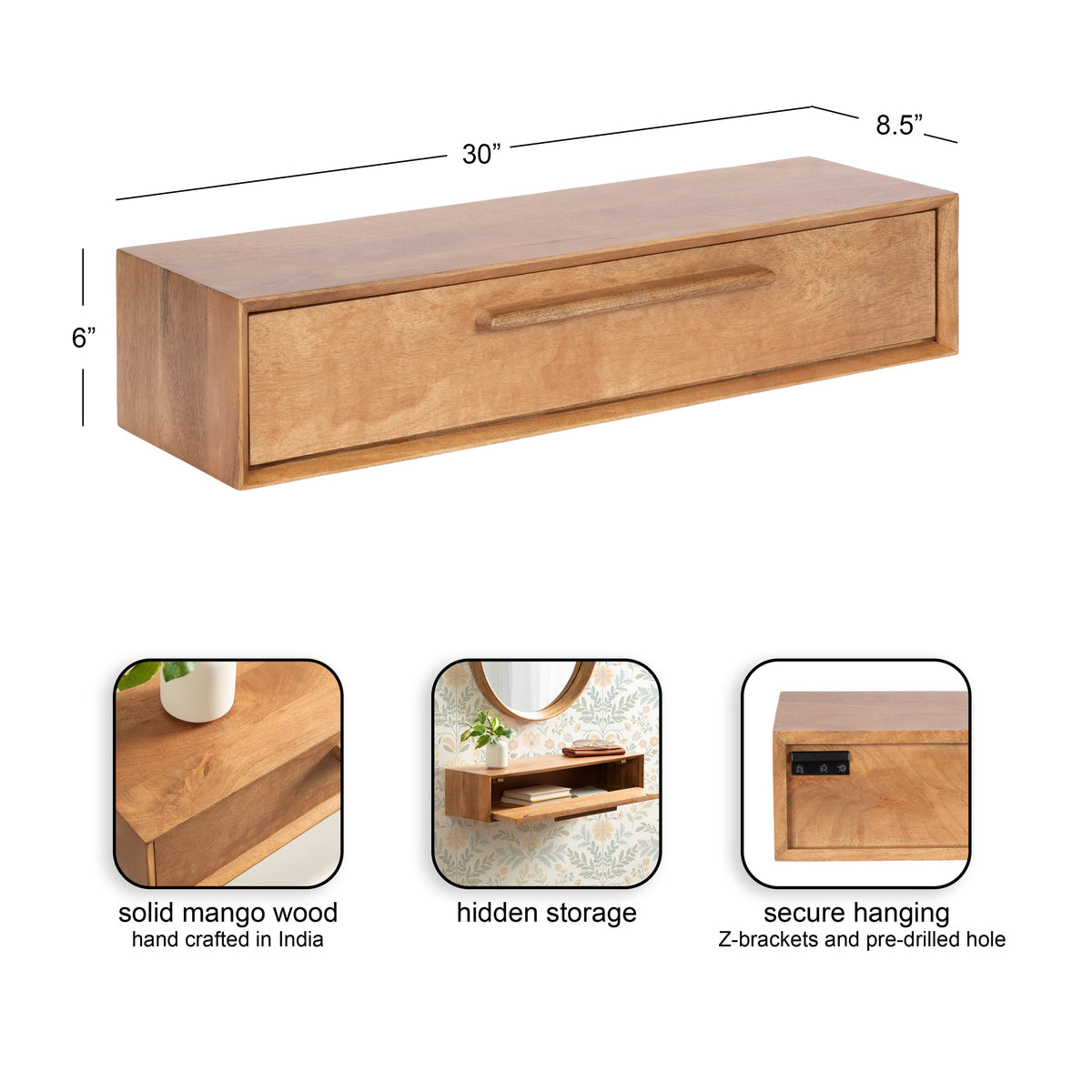 Rectangular floating console table in warm-toned solid mango wood with a single drawer, a hidden storage compartment, and secure Z-bracket mounting hardware.