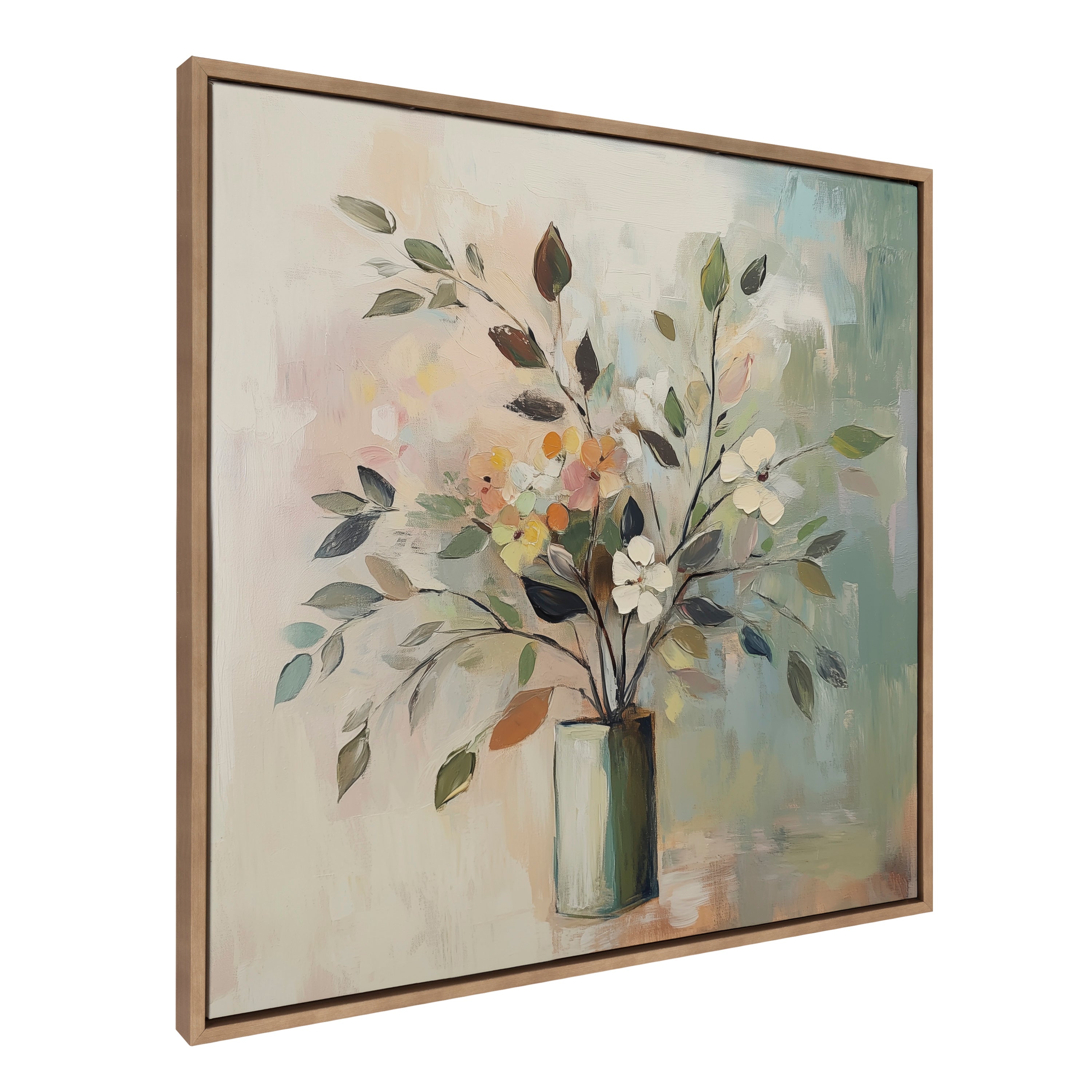 Sylvie Traditional Boho Floral Botanical I framed canvas print with delicate floral elements in soft earthy tones