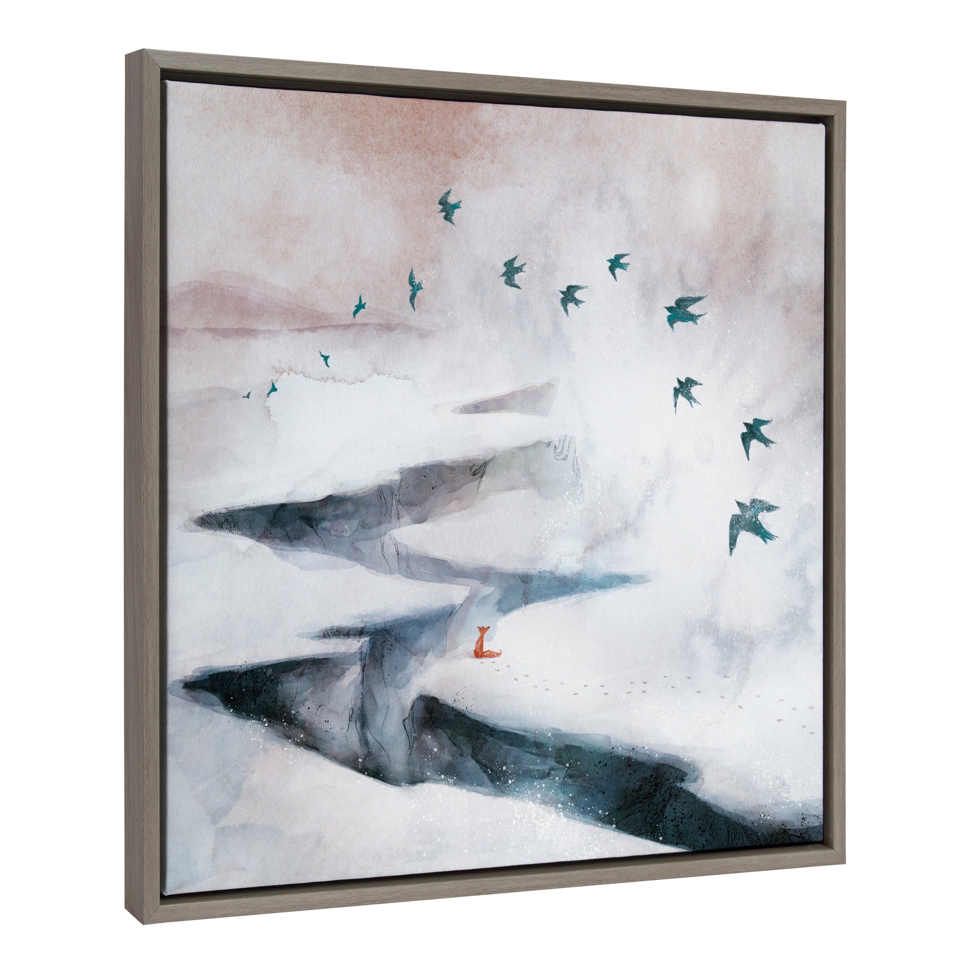 Sylvie Snow Day Fox and Birds Framed Canvas showing a fox in snow with birds flying above, framed in gray