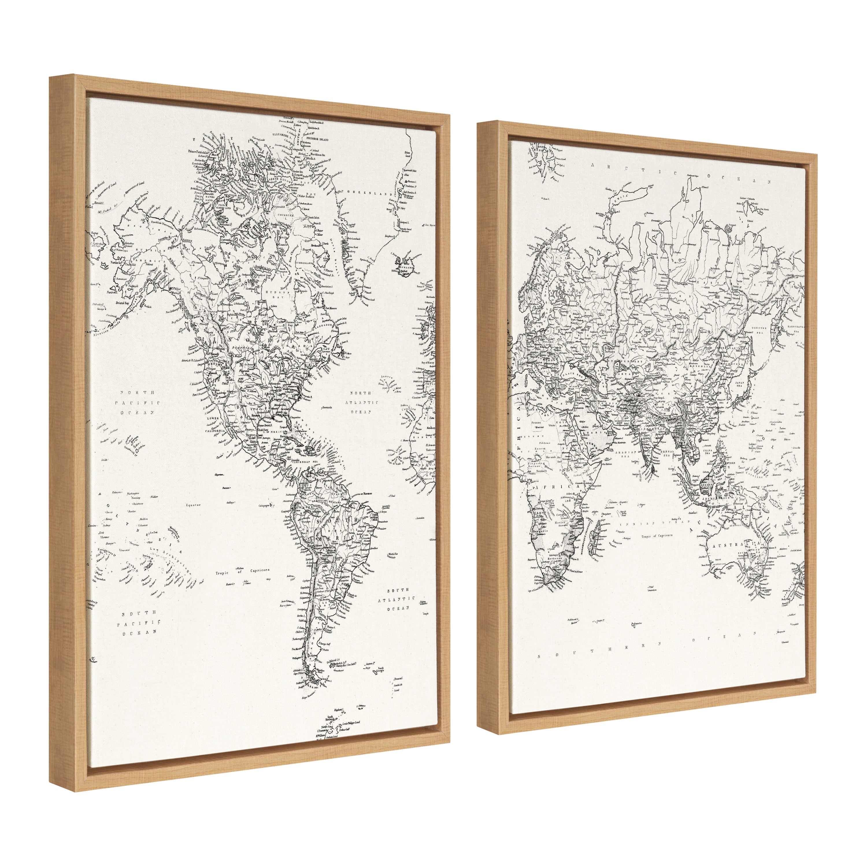 Sylvie Vintage Black and White World Map Framed Canvas Set