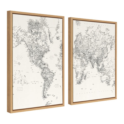 Sylvie Vintage Black and White World Map Framed Canvas Set