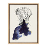 Framed line drawing of a woman’s back and hair with a cosmic night-sky pattern blending from her shoulders against a white background.