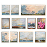 Collection of framed Sylvie Tranquility paintings by Mary Sparrow featuring soft skies, clouds, ocean horizons, and pink flowers in pastel and muted tones.