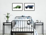 Two framed watercolor paintings above a black metal bed; left shows a green vintage toy tractor, right shows a blue vintage toy dump truck, both on white backgrounds.