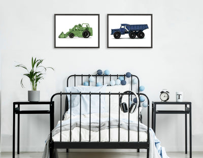 Sylvie Vintage Toy Tractor and Dump Truck Framed Canvas Art Set by Saint and Sailor Studios