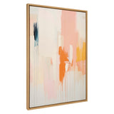 Abstract canvas painting with soft vertical drips in peach, orange, yellow, pink, and dark blue tones, framed in simple natural wood.