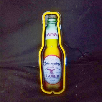 Yuengling Lager Bottle Neon Sign Light illuminated with a glowing outline of a beer bottle in warm yellow and red colors