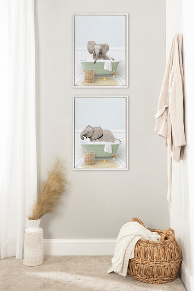 Sylvie Beaded Baby Elephant Side in Cottage Bath Framed Canvas by Amy Peterson