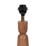 Table lamp base composed of two stacked rounded wooden forms with smooth finish, topped by a small brass cylindrical neck and a black bulb socket.