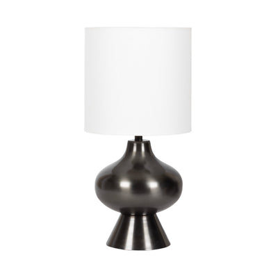 Bahira Tabletop Lamp with curved geometric pewter base and white linen shade on a table